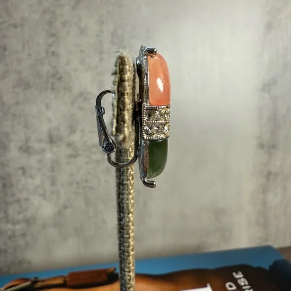 ✨ Kenneth Jay Lane Jade Clip-On Earrings – Silver-Tone & Rhinestone Accents - Picture 3 of 6